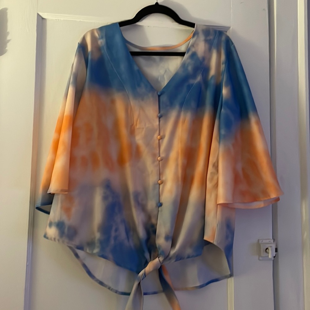 🌀luvamia V Neck Tops 3/4 Sleeve Tie Knot Floral Blouses Button Down Shirt